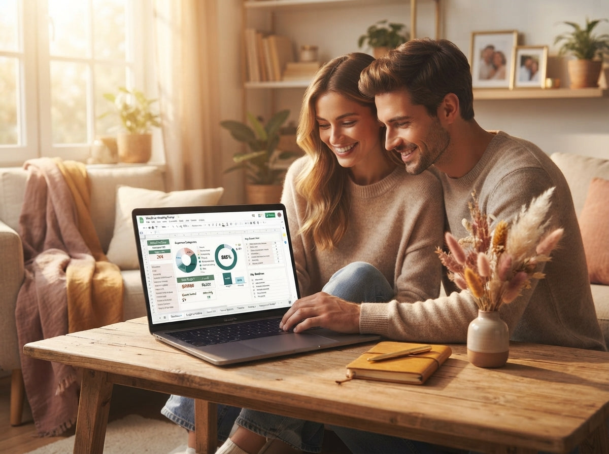 A couple planning their wedding on a laptop in a cozy, sunlit space, highlighting the calm and organized nature of the digita